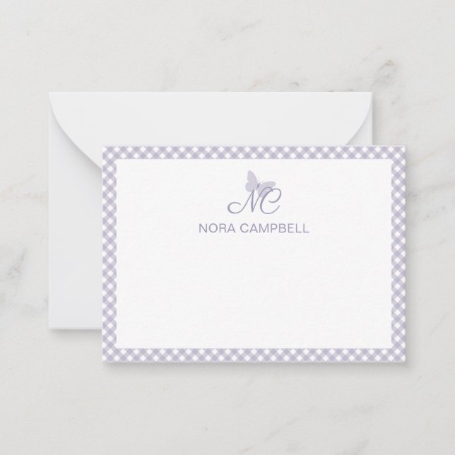 Personalized Gingham Lavender Elegant Monogram Card (Front)