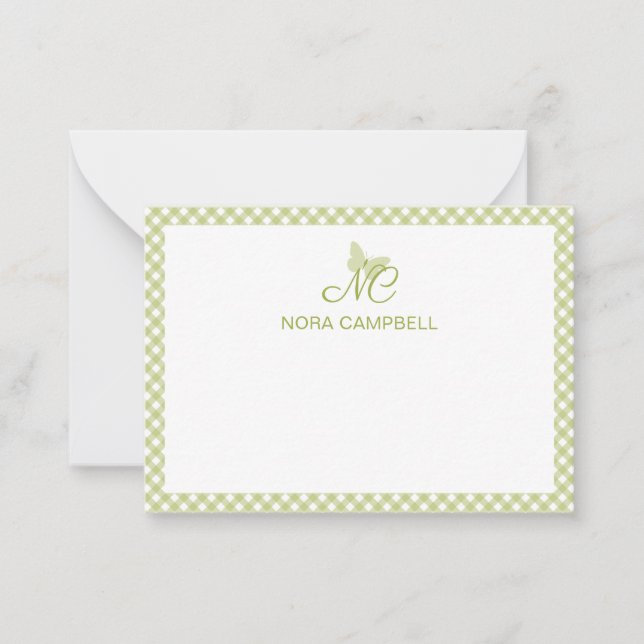 Personalized Gingham Light Green Elegant Monogram Card (Front)