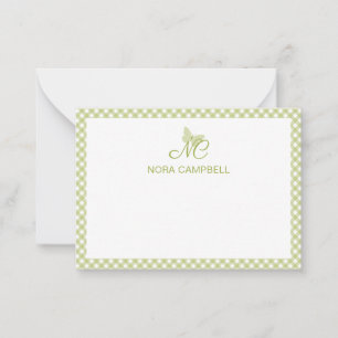 Personalized Gingham Light Green Elegant Monogram Card