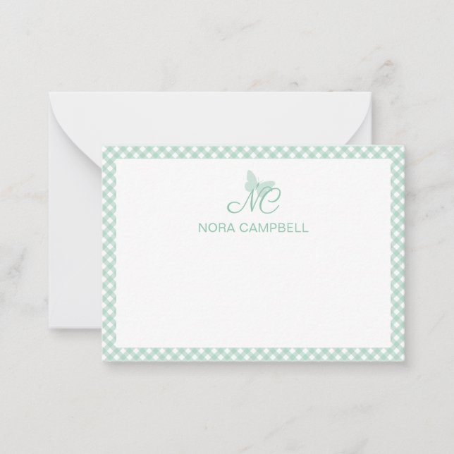 Personalized Gingham Mint Green Butterfly Monogram Card (Front)