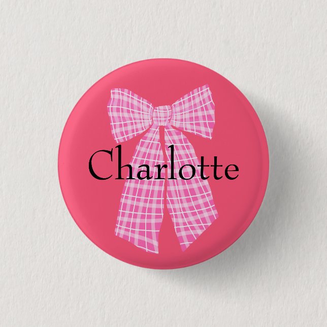 Personalized Gingham Pink Romantic Coquette Bow 1 Inch Round Button (Front)