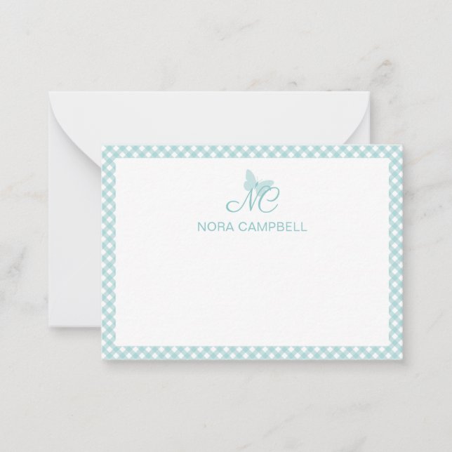 Personalized Gingham Turquoise Elegant Monogram Card (Front)
