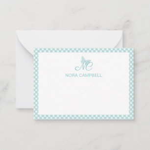 Personalized Gingham Turquoise Elegant Monogram Card