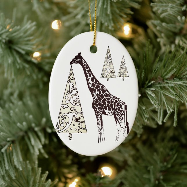 Personalized Giraffe and Christmas Trees Holiday Ceramic Ornament (Tree)