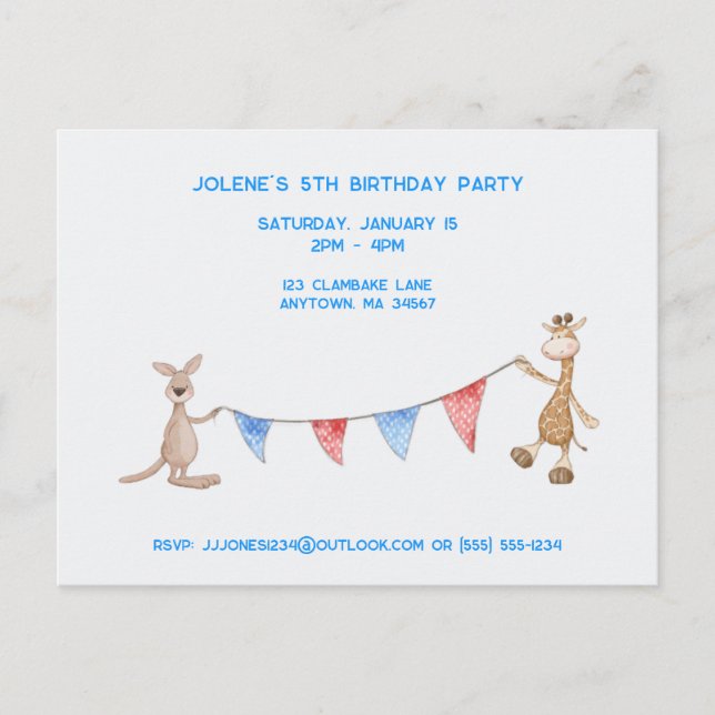 Personalized Giraffe and Kangaroo Birthday Party Postcard (Front)