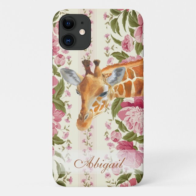 Personalized Giraffe with Pretty Pink Flowers Case-Mate iPhone Case (Back)