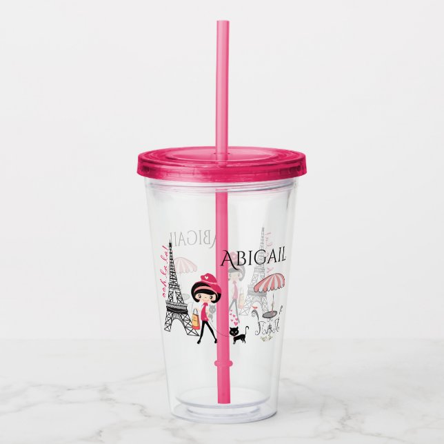 Personalized Girl and Cat Eiffel Tower Paris Acrylic Tumbler (Front)