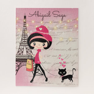 Personalized Girl and Cat in Paris Eiffel Tower Jigsaw Puzzle