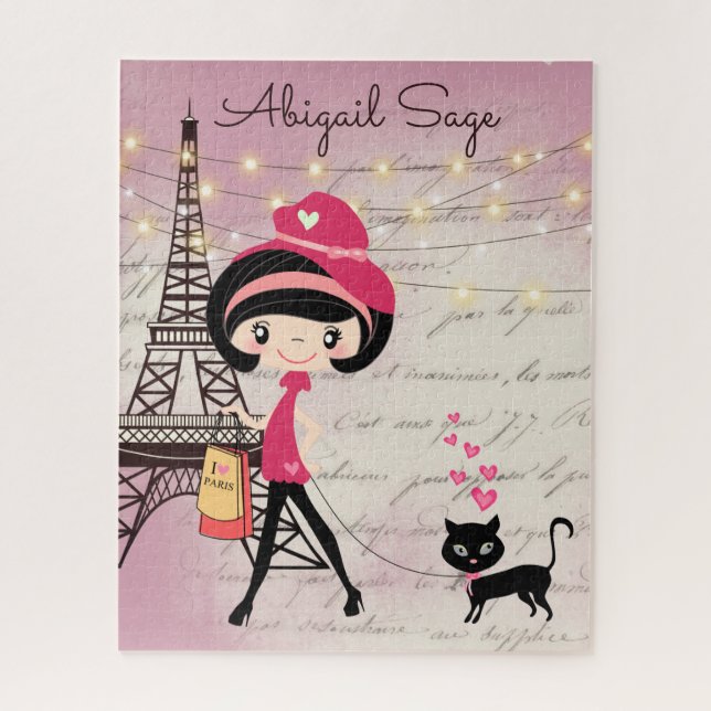 Personalized Girl and Cat in Paris Eiffel Tower Jigsaw Puzzle (Vertical)