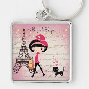 Personalized Girl and Cat in Paris Eiffel Tower Keychain