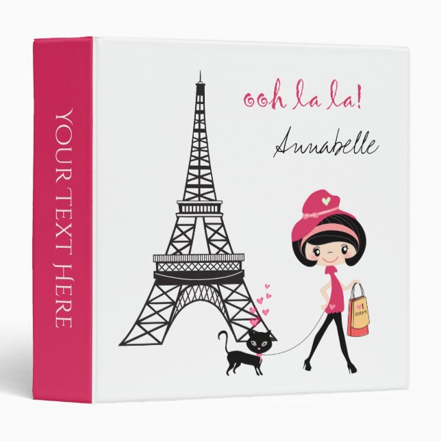 Personalized Girl and Cat Paris Eiffel Tower Binder (Front/Spine)