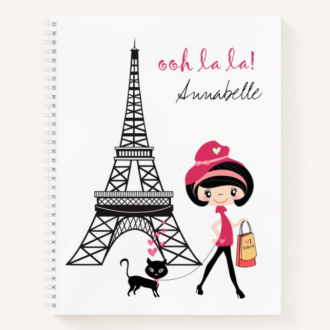 Personalized Girl and Cat Paris Eiffel Tower Notebook (Front)