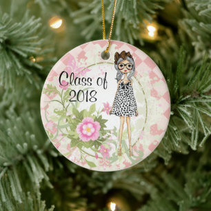 Personalized Girl and Flowers Graduation Christmas Ceramic Ornament
