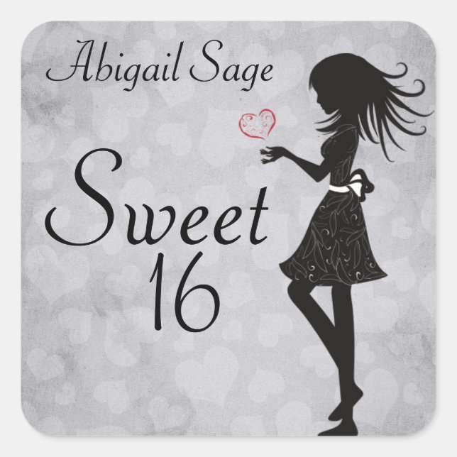 Personalized Girl and Hearts Sweet 16 Stickers (Front)