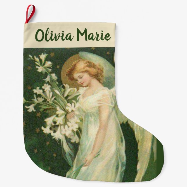 Personalized Girl Angel with flowers Large Christmas Stocking (Front)