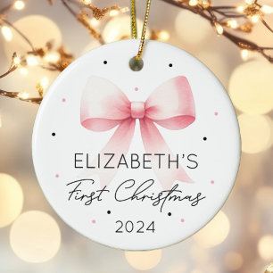 Personalized Girl Baby First Christmas Pink Bow Ceramic Ornament