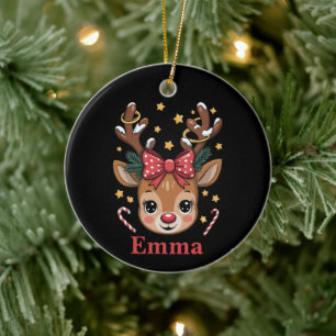 Personalized Girl Christmas Reindeer Family Xmas Ceramic Ornament