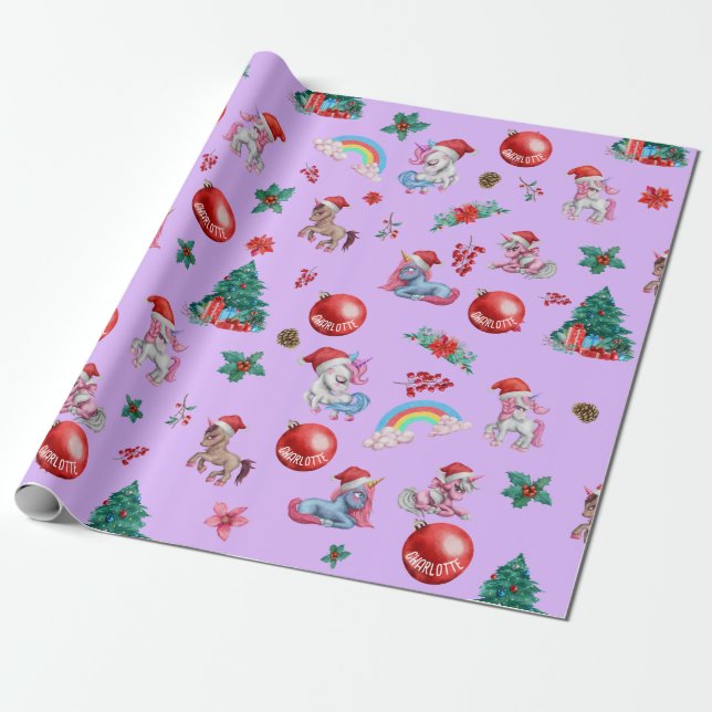 Personalized Girl Christmas Wrapping Paper Unicorn (Unrolled)