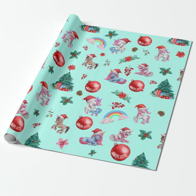 Personalized Girl Christmas Wrapping Paper Unicorn (Unrolled)