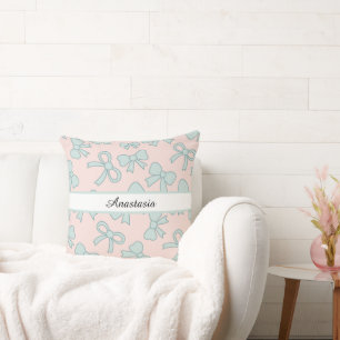 Personalized Girl Cute Pretty Bow Name Pink Blue Throw Pillow