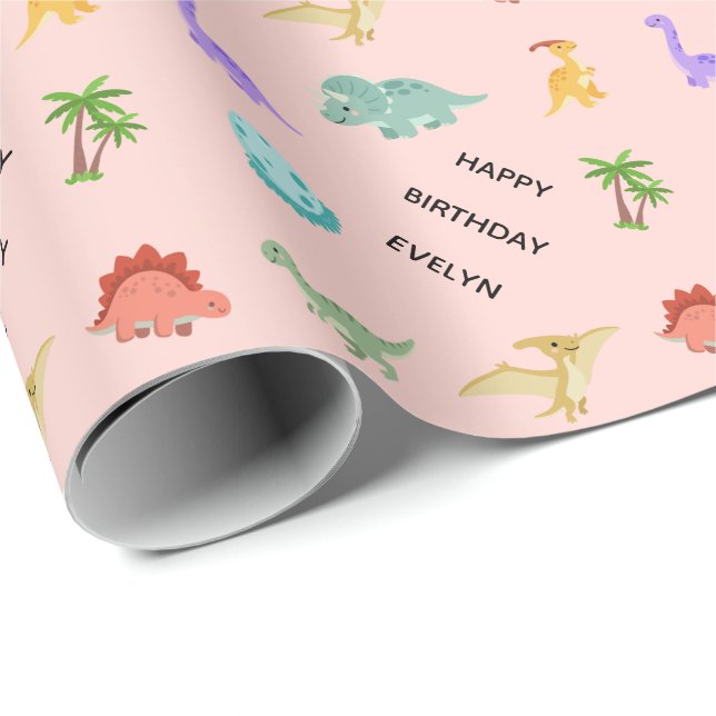 Personalized Girl Dinosaur  Wrapping Paper (Roll Corner)