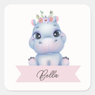 Personalized girl hippo  square sticker