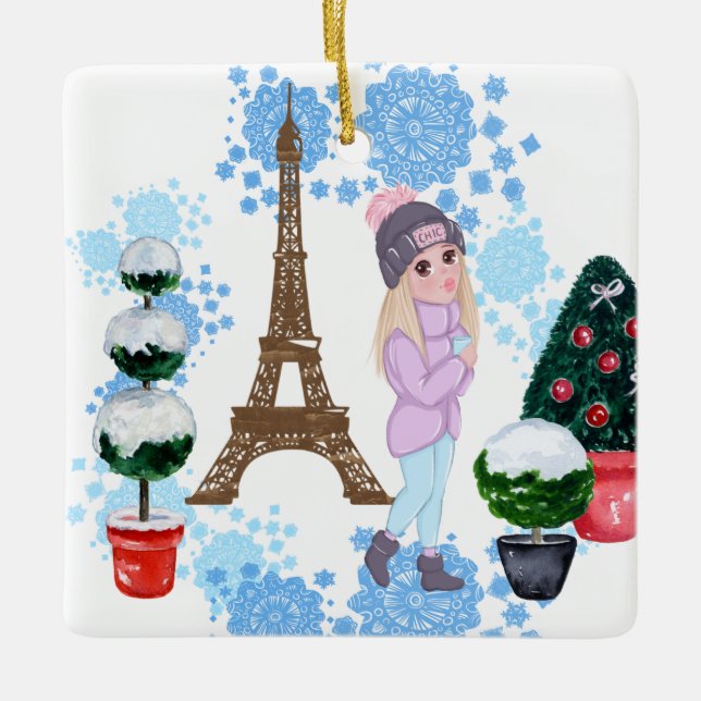 Personalized Girl in Paris Winter Eiffel Tower Ceramic Ornament (Front)