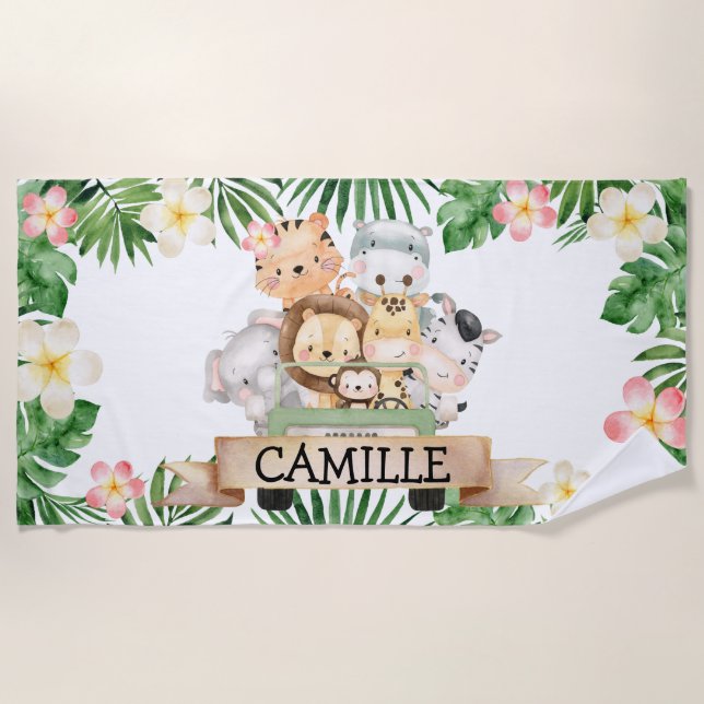 Personalized Girl Jungle Safari Kids Beach Towel (Front)