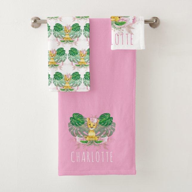 Personalized Girl Lion Illustration Safari Bath Towel Set (Insitu)