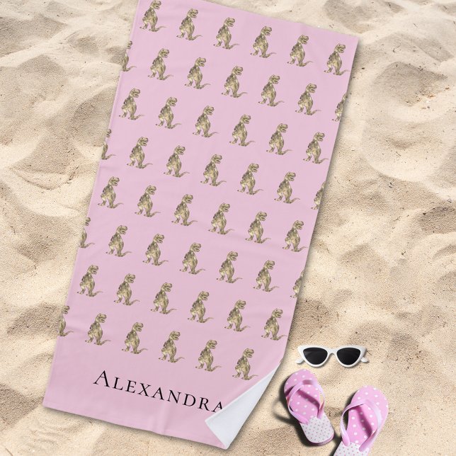 Personalized Girl Name Dinosaur Beach Towel (Personalized girl monogram name Jurassic dinosaur pattern pink beach towel Prehistoric T-Rex dino )