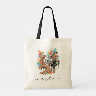 Personalized Girl Pianist Colourful Grand Piano Tote Bag