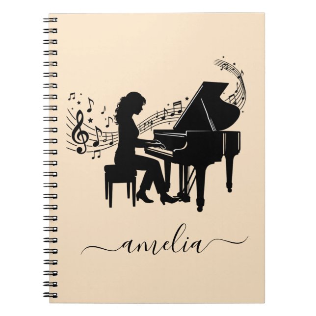 Personalized Girl Pianist Silhouette Music Notes   Notebook (Front)