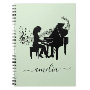 Personalized Girl Pianist Silhouette Music Notes Notebook