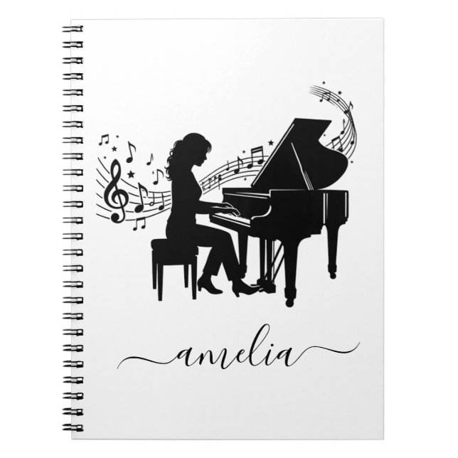 Personalized Girl Pianist Silhouette Music Notes   Notebook (Front)