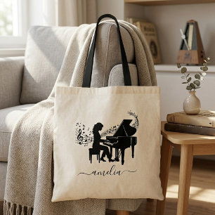 Personalized Girl Pianist Silhouette Music Notes   Tote Bag