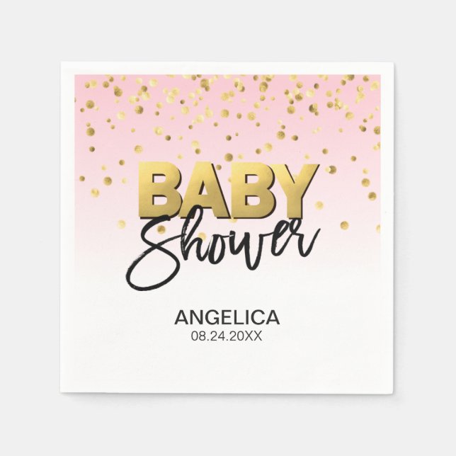 Personalized Girl Pink Gold Confetti Baby Shower Napkin (Front)