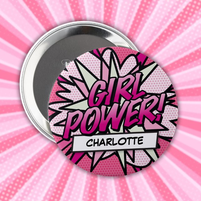 Personalized GIRL POWER Comic Book Pink 4 Inch Round Button (Personalized GIRL POWER Comic Book Pink Button)