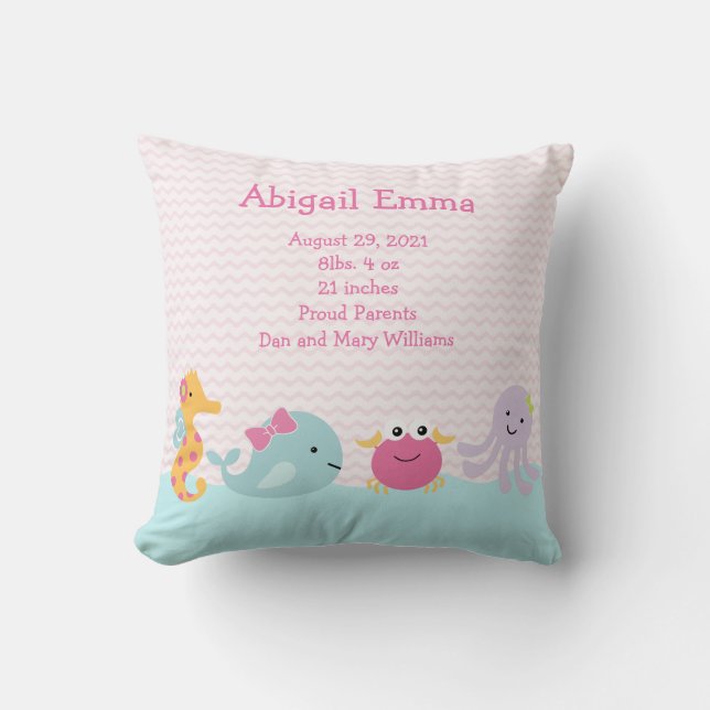 Personalized Girl Sea Critters Pillow Keepsake (Front)