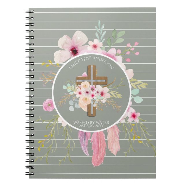 Personalized Girls BAPTISM - Floral Cross Sage Notebook (Front)