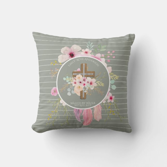 Personalized Girls BAPTISM - Floral Cross Sage Throw Pillow (Front)