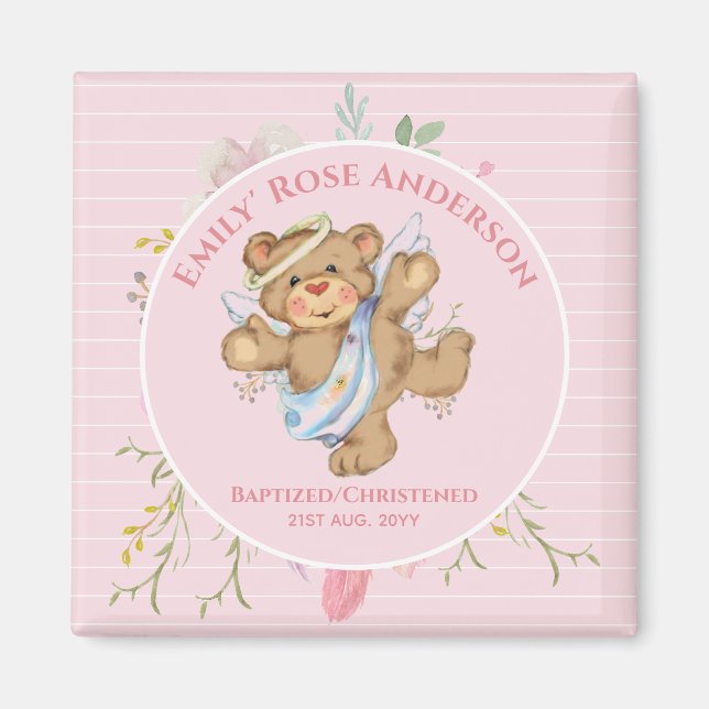 Personalized Girls BAPTISM - Pink Angel Teddybear Magnet (Front)