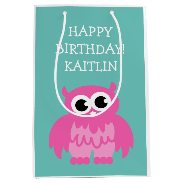 Personalized girls Birthday cute pink owl gift bag (Front)