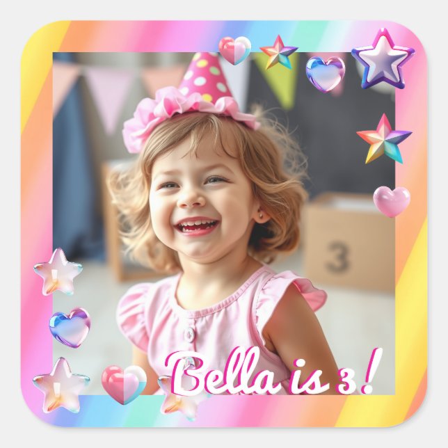 Personalized Girl's Birthday Photo Square Sticker (Front)