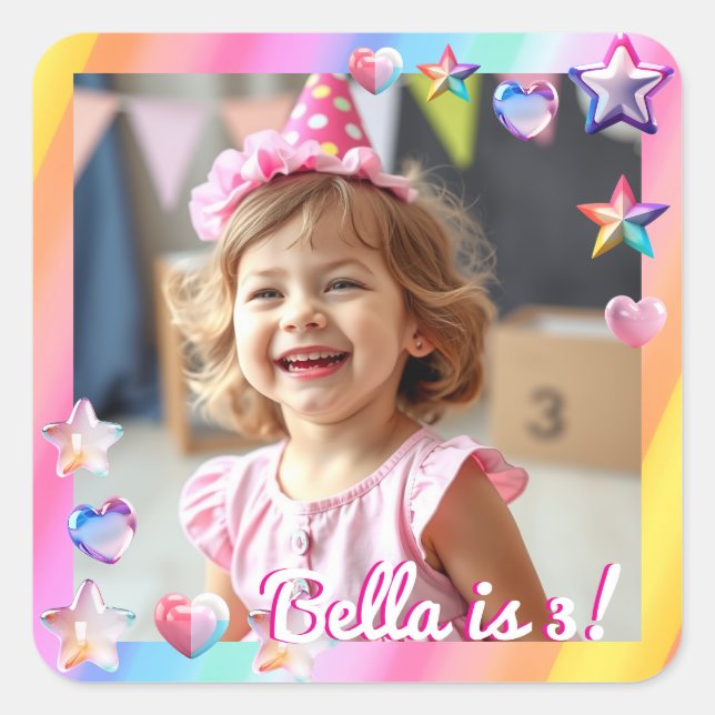 Personalized Girl's Birthday Photo Square Sticker (Front)
