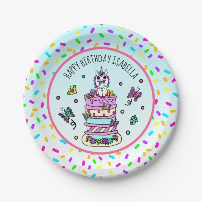 Personalized Girl's Birthday Unicorn Butterflies Paper Plate (Front)