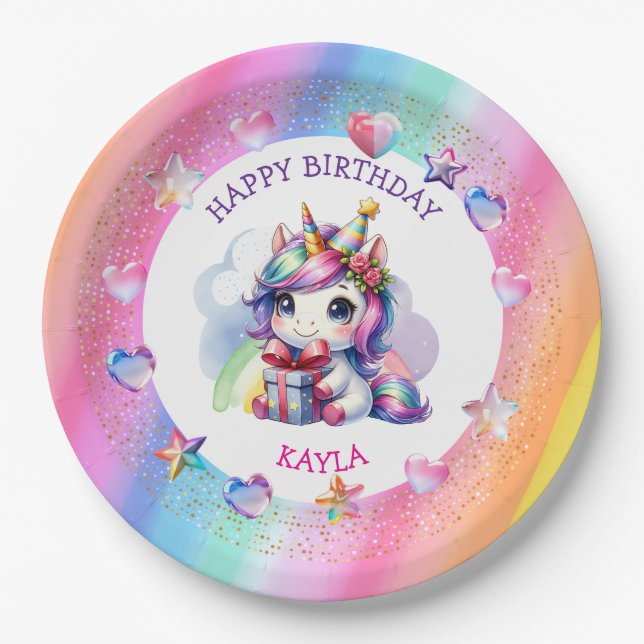 Personalized Girl's Birthday Unicorn Paper Plate (Front)