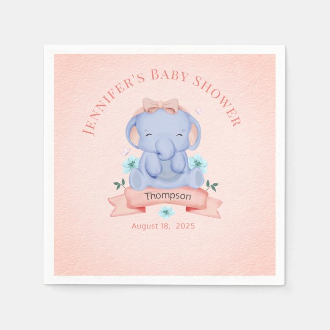Personalized Girls Blue Elephant Coral   Napkin (Front)