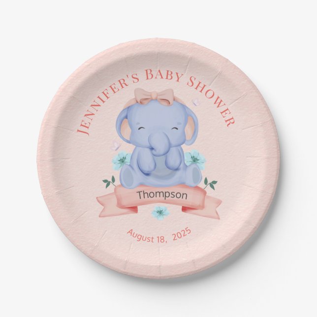 Personalized Girls Blue Elephant Coral Paper Plate (Front)