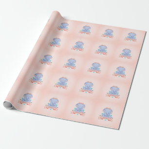 Personalized Girls Blue Elephant Coral Wrapping Paper
