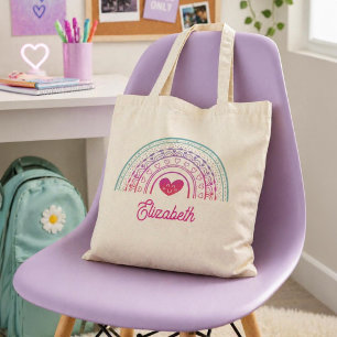Personalized Girls Cute Whimsical Boho Rainbow Tote Bag